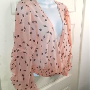 Forever 21 Sheer Elatic Waist Blouse Pink w/Fans XL